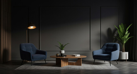 Elegant Living Room Design Blue Velvet Armchairs Modern Lighting and Dark Walls create a Stylish