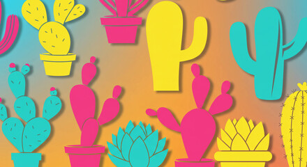Colorful cactus pattern featuring pink yellow and teal plants on a gradient background