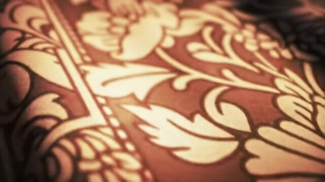 Ornate floral pattern on a reddish-brown background