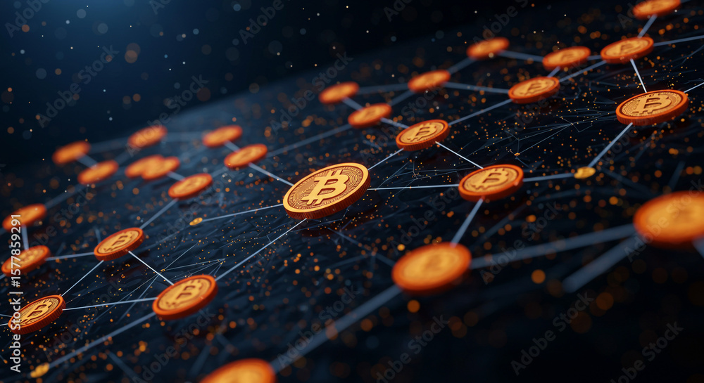Poster bitcoin network with connected coins on a dark background with glowing particles around it