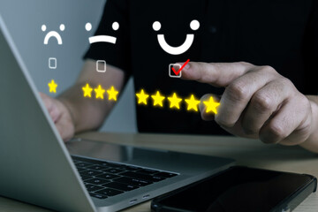 Satisfaction. customer hand choosing five star button to review good rating for hotel and restaurant on mobile phone, customer review, digital marketing, good experience, product review concept