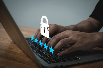 Data Protection Application. people hand login security password on laptop computer, antivirus, authentication, internet access network technology, cybersecurity and privacy technology concept