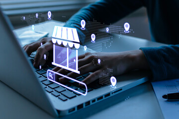 Online Shopping. customer buy product on laptop computer, food delivery, payment online, digital marketing, delivery tracking system, shopping online platform, internet network technology concept
