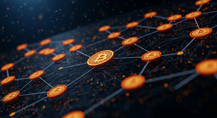 Bitcoin network with connected coins on a dark background with glowing particles around it