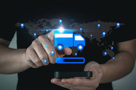Delivery. customer track shipment on mobile smartphone, food delivery, digital marketing, delivery tracking system, shopping online platform, network technology, logistic and transportation concept