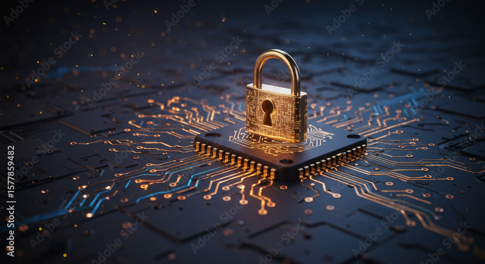 Poster golden padlock resting on a microchip with intricate circuit patterns and dark background details