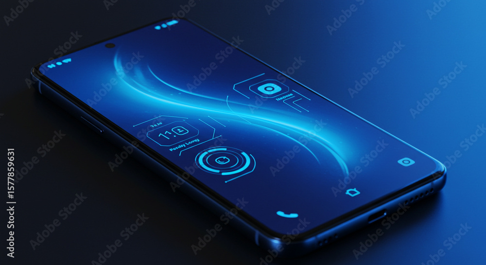 Poster a smartphone displaying a futuristic blue interface with various icons and graphical elements on the