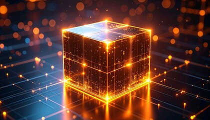 Glowing cube on tech grid