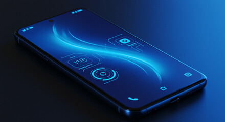 A smartphone displaying a futuristic blue interface with various icons and graphical elements on the screen