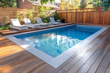 Modern backyard swimming pool with wooden deck and lounge chairs under bright sunlight