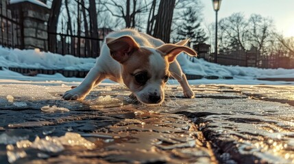 Close-up Portrait of an Adorable White Puppy Lying on a Grate in Winter