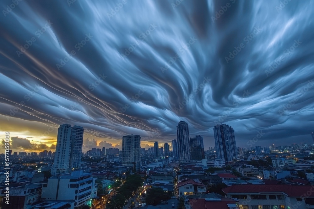 Poster clouds swirl dynamically above urban skyline during twilight in a time lapse view, time lapse of the
