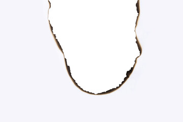 Burnt hole in a white paper sheet, creating a frame with a scorched edge from fire. Grunge vintage abstract background or design element. isolated on white background with clipping path.