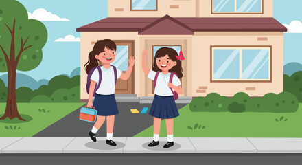 Cheerful Schoolgirl with Lunchbox Waving Goodbye on First Day of School &ndash; Flat Vector