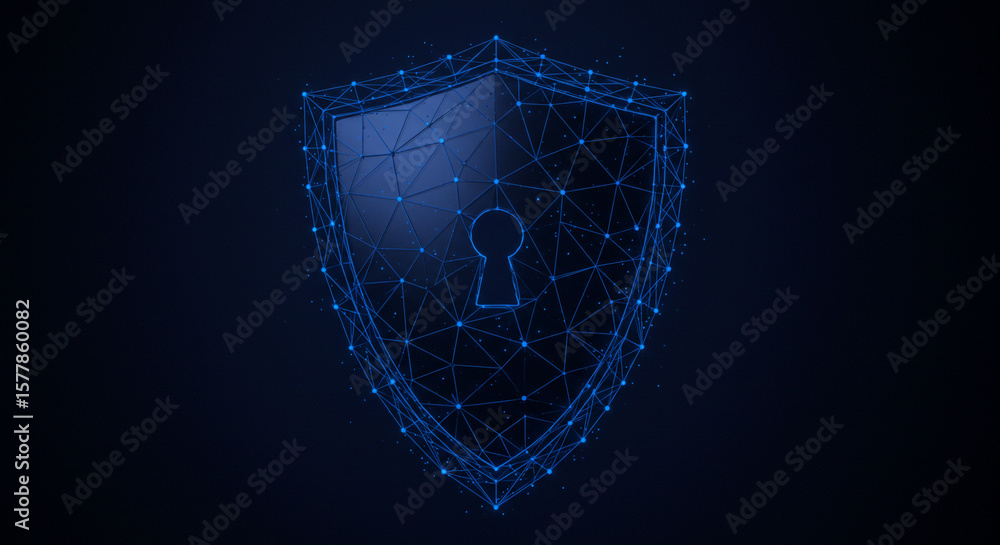 Poster digital shield with keyhole design made of connected dots on a dark blue gradient background