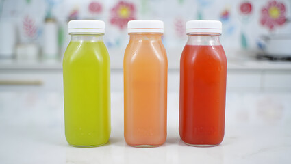 Three vibrant juice bottle mockups showcase refreshing beverage advertising; clean, bright, and healthy product presentation.