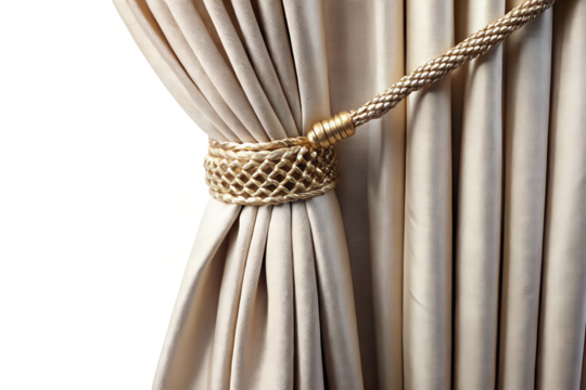 A beige curtain held back with a decorative golden tieback isolated on transparent background