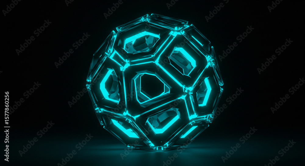 Poster glowing geometric sphere with teal edges and dark background in a studio environment
