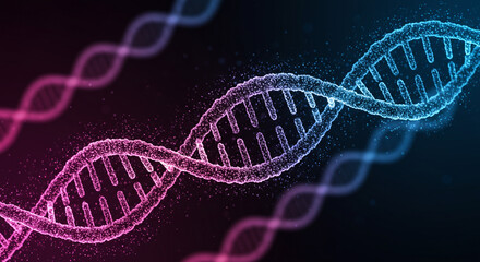 Detailed dna strand illustration with pink and blue hues on a dark background for science