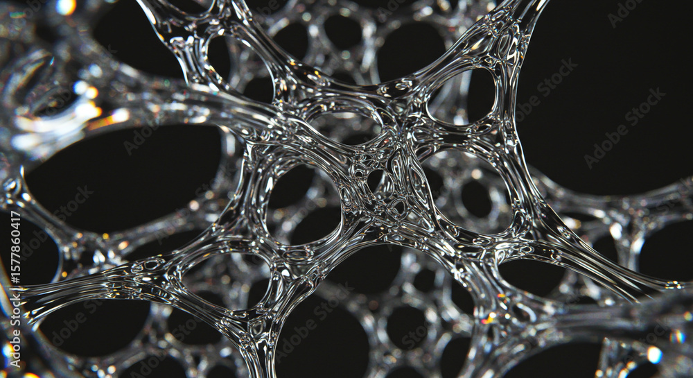 Poster close up of abstract interconnected transparent network structure against a dark background