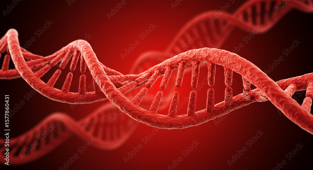 Poster close up view of a red dna double helix structure against a dark red and black gradient background