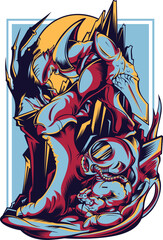 A colorful seamless vector pattern with a stylized wolf illustration and floral ornament