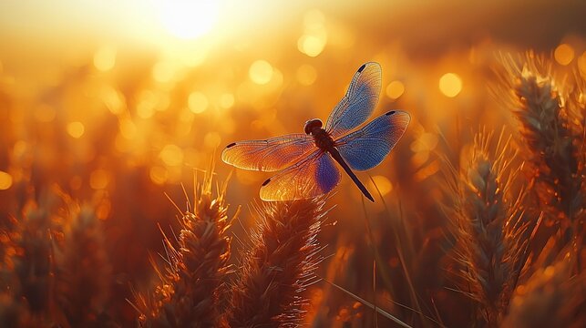 Dragonfly in golden wheat field at sunset