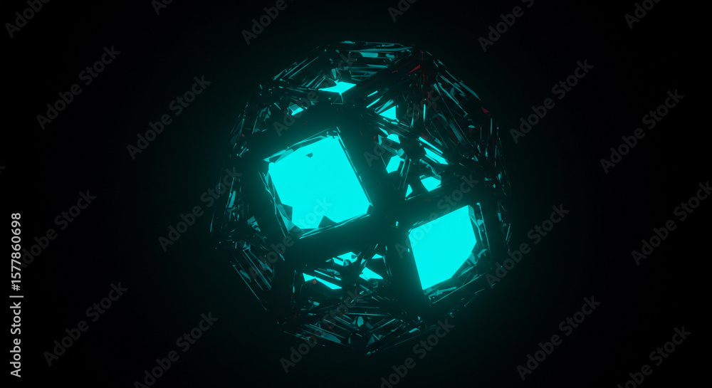 Poster glowing fractured sphere in dark space with teal light emanating from within the structure