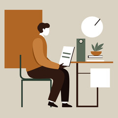 Young man reading document while sitting at modern desk indoors  