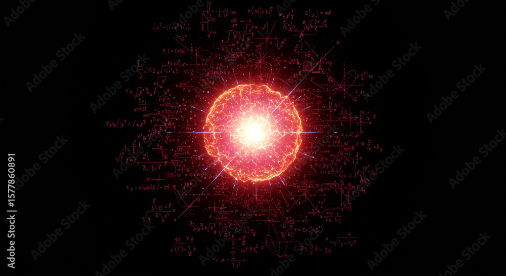 Poster a glowing red sphere with surrounding mathematical equations on a dark black background design eleme