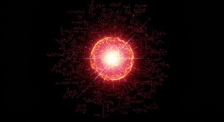 A glowing red sphere with surrounding mathematical equations on a dark black background design element