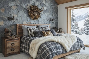 A mountain cabin-style winter bedroom featuring a stone accent wall, a bed adorned with plaid bedding, a fur throw, and a bedside table with rustic wooden decor, perfect for cozy winter nights.