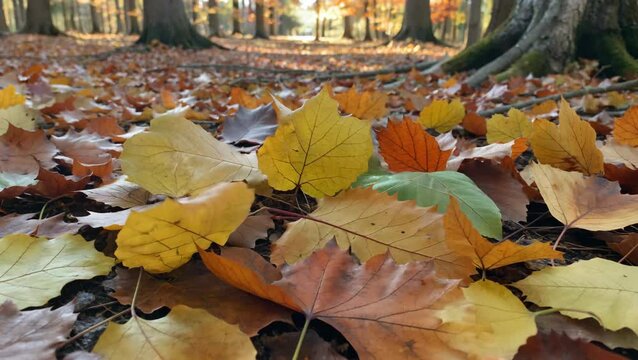 Premium autumn foliage ground cover, vibrant yellow maple leaves, forest floor scenic view, nature photography