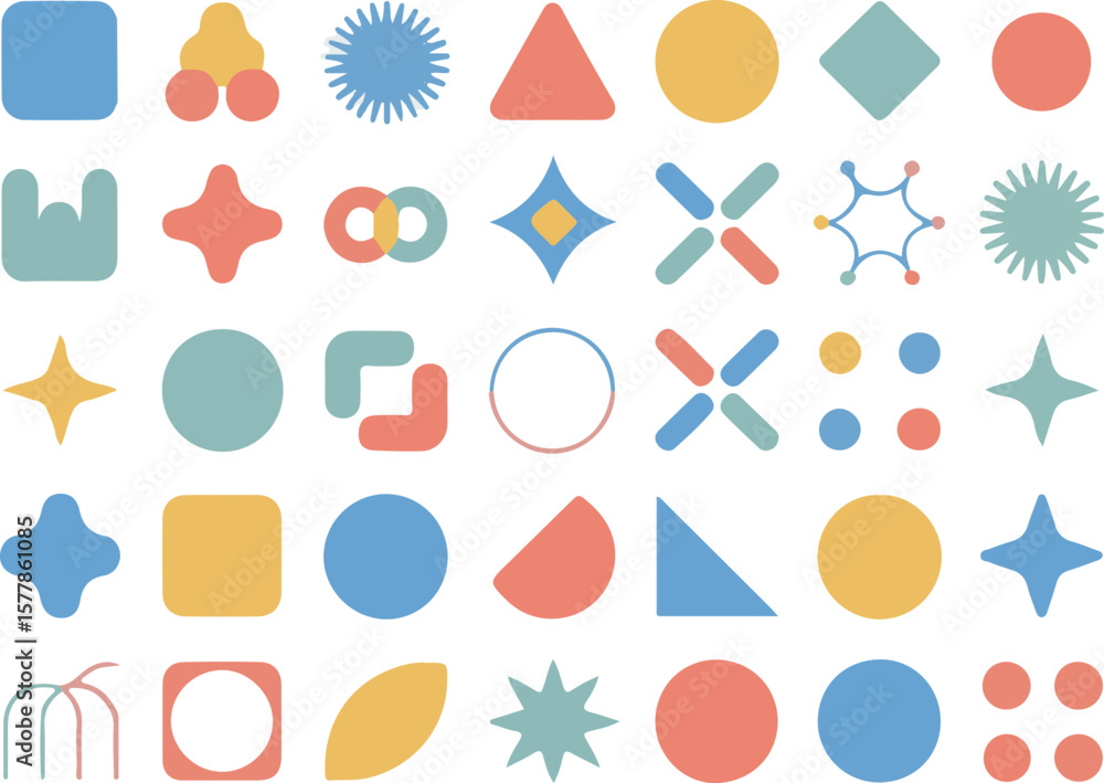 Aufkleber vector art of a vibrant collection of abstract geometric shapes in pastel colors arranged in a grid 
