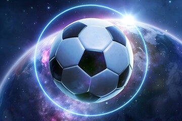 Fototapeta premium A soccer ball orbits the earth in a glowing blue ring against a starry galaxy background