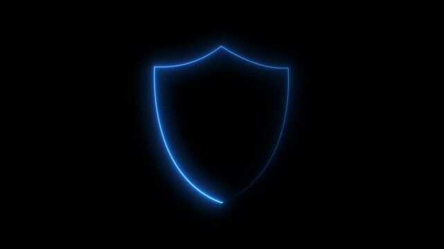Neon shield icon animation. Bright neon security neon frame with tones. Shield icon security neon glowing blue animation on a black background