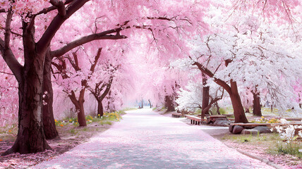 Scenic spring path under cherry blossoms with falling petals