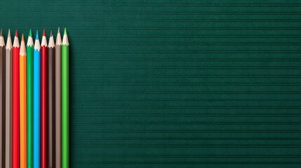 Colorful pencils lying on dark green striped background with copy space