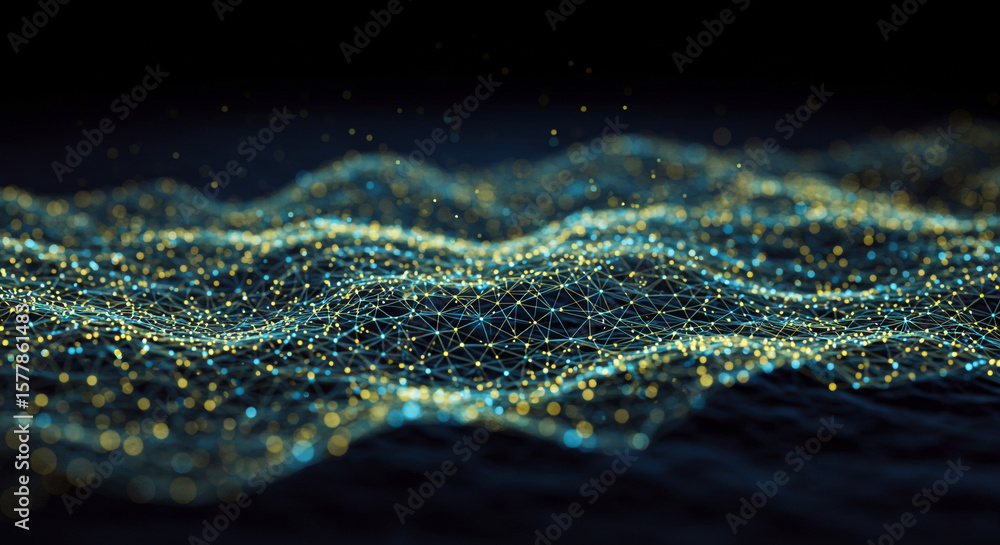 Poster abstract network of connected dots and lines forming a wavy surface on a dark background