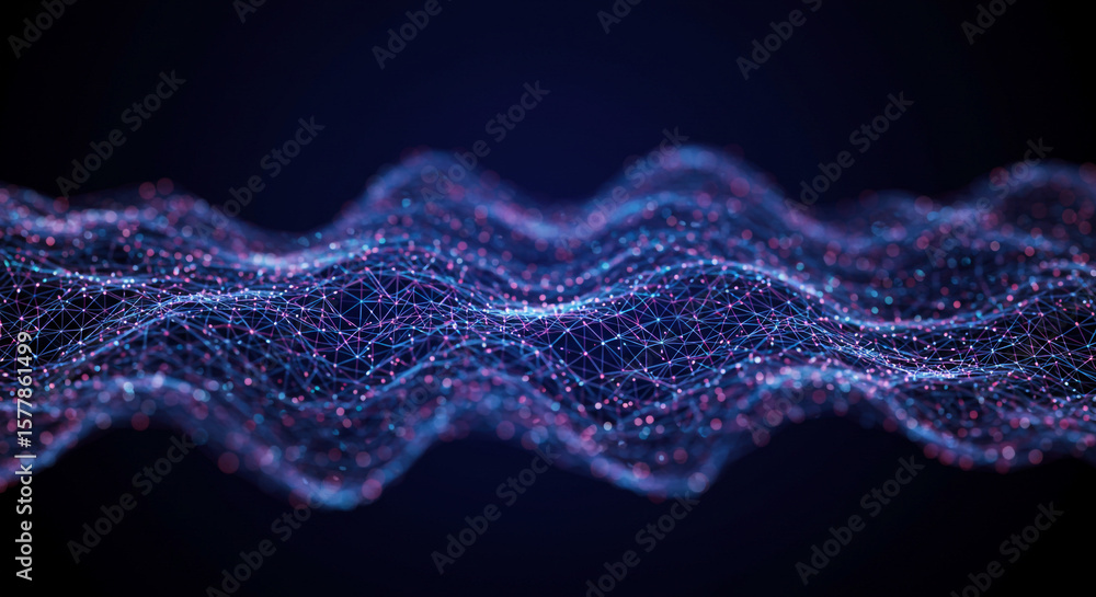 Poster abstract network of connected dots and lines in blue and pink on a dark blue background creating wav