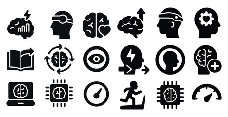 Collection of black and white icons that represent various aspects of technology and the human brain. The icons include a book, a computer, a brain, a clock, a running man, a running woman, a heart