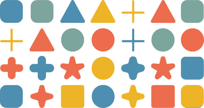Vector art of a colorful collection of geometric shapes including squares, circles, triangles, stars, and crosses isolated on transparent background.