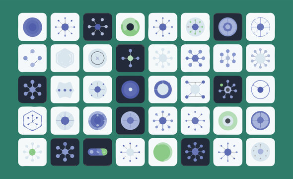Vector art of a diverse collection of abstract geometric icons and symbols in various shades of blue and green.