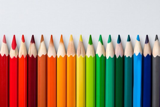 Colored pencils forming a vibrant rainbow spectrum on white background
