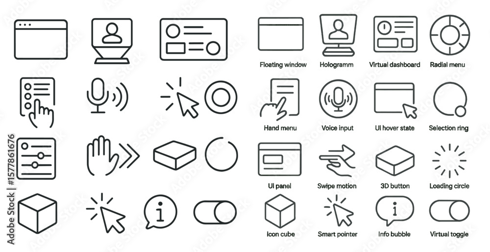 Poster collection of icons for a computer program. the icons include a mouse, a box, a person, and a box wi