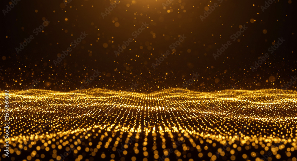 Poster golden sparkling particles floating above a shimmering wave like surface in a dark environment