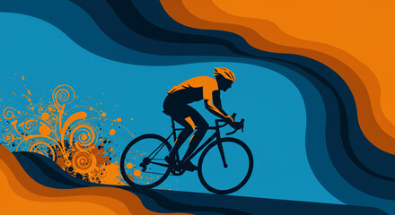Obraz premium Silhouette of cyclist riding a bicycle with orange and blue abstract background design art style