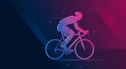 Stylized cyclist silhouette in motion with vibrant blue and pink gradient lighting effect design