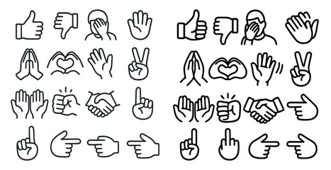 Collection of hand icons, including thumbs up, thumbs down, peace signs, and handshakes