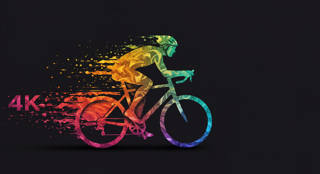 Colorful abstract cyclist riding a bicycle with a dark background and a 4k designation to the left - Powered by Adobe